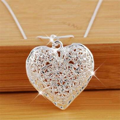 1 件 925 银精致镂空心形吊坠项链，适合时尚女士饰品结婚礼物珠宝配饰