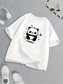 Cute Cartoon Panda Pattern Printed T-Shirt, 220g Pure Cotton, Casual Crew Neck, Perfect For Comfy, Relaxed Outings. - trắng - Xem 1