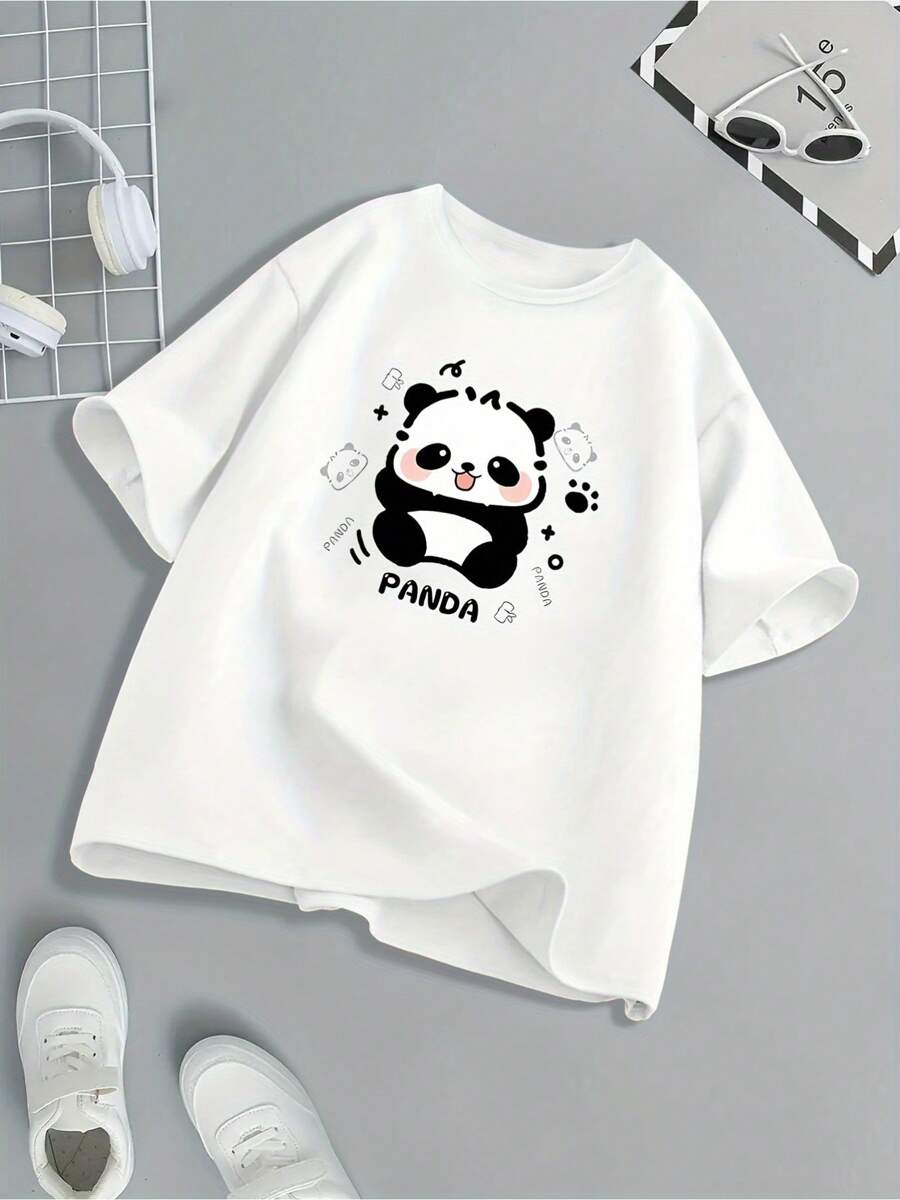 Cute Cartoon Panda Pattern Printed T-Shirt, 220g Pure Cotton, Casual Crew Neck, Perfect For Comfy, Relaxed Outings. - trắng - Xem 1