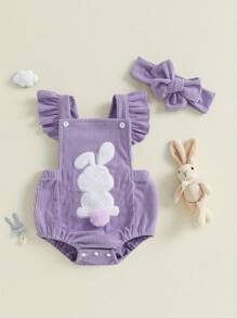Baby Girl Easter Casual Romper Flying Sleeve Bunny Embroidery Romper With Headband - Purple - View 2