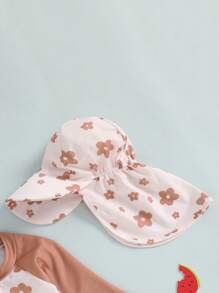 Toddler Girls Rash Guard Swimsuit With Hat 2 Pcs Set Flower Pattern Zip Up Long Sleeve Crew Neck Baby Girls Swimwears - Khaki - View 5