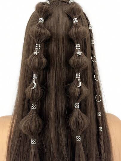 44pcs Stars Moon Combination Fashion Metal Cutout Dreadlock Hair Rings DreadLocks Suitable For Women Girls Holiday Dress Up