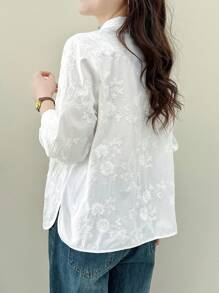 Tozamil Pure Cotton Flower Embroidery Long-Sleeved Blouse, Elegant Collared Blouse For All Seasons, Women's Clothing