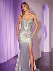 ALTA CALIDAD VESTIDO DE ENCAJE Y SATIN - Plateado - Ver 1