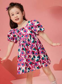 ASK JUNIOR Girls Floral Print Chiffon Beach Dress With Puff Sleeve, Summer Lightweight Sundress For Young Children
