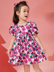 ASK JUNIOR Girls Floral Print Chiffon Beach Dress With Puff Sleeve, Summer Lightweight Sundress For Young Children