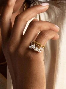 Uworld 1 件女士简约优雅淡水珍珠素面戒指开口戒指 18K 镀金不锈钢扭曲竹戒指适合日常佩戴节日派对节日婚礼等。 - 珍珠 - 查看 9