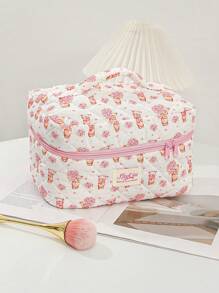 1 pieza Bolsa de maquillaje con diseño de ramo de rosas de oso, gran capacidad con cierre de cremallera, bolsa de cosméticos esencial para viajes y vacaciones para almacenar toallas sanitarias, almohadillas, auriculares con cable, , auriculares, cargador, lápices labiales, cosméticos, perfume, productos de cuidado de la piel y belleza, decoración del hogar, para mamá, mujeres, enfermeras, estudiantes, niñas de escuela, llaves, regalos navideños - Multicolor - Ver 4