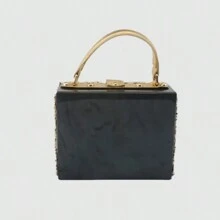 Elegant Women's Evening Clutch With Rhinestones - Acrylic Square Box Bag With Detachable Strap, Floral Design In Black/White - 白色 - 查看 5