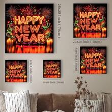 Wrapped Framed Canvas Vintage Wall Art Print Neon "Happy New Year" Sign - Artful Home Decor For Living Room, Bedroom, Bathroom, Office