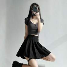 FATSHEI Falda Plisada De Cintura Alta Para Mujer, Faldas De Coreano,Falda plisada de moda, media falda, estilo coreano, temperamento, faldas para mujer, falda corta en forma de A, cintura alta, versátil, delgada, fresca, color sólido. Falda corta estilo coreano de otoño para mujer, minifalda plisada sexy de cintura alta. - Gris - Ver 8