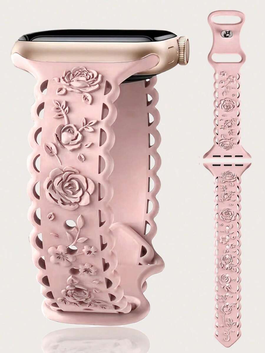 花卉雕刻表带，兼容 40mm、38mm、41mm、42mm、44mm、45mm、46mm、49mm 表盘尺寸，女士款；玫瑰色运动硅胶表带，兼容 Series 11、10、9、8、7、SE、Ultra、6、5、4、3、2、1。