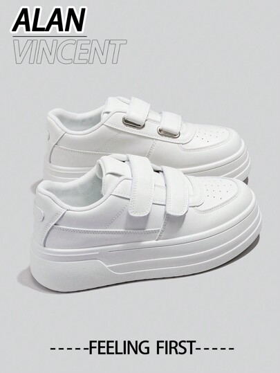 Alan Vincent [Thick Sole Heightening Series]White Shoes For Women 2025 Spring New Thick-Soled Sports Shoes Fashionable Height Increasing Shoes Casual Sneakers Women Outdoor Shoes Ladies Shoes Student Girls Hook And Loop Shoes Everyday All-Match And Comfortable Pair With Various Pants And Jeans With Hook And Loop