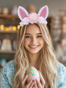 1pc Happy Easter Headband With Flower Decor,Cute Pink And White Rabbit Ears Party Costume Headdress For Party Supplies,Photo Props Hairband.