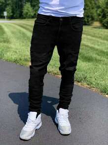 Fit Distressed Cotton Skinny Jeans With Slant Pockets