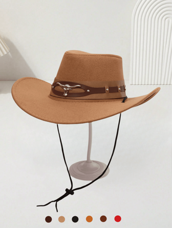 1pc Unisex Cowboy Hat With Cow Logo, Windproof Drawstring, Western Style, Suitable For Riding, Casual, Party, Outdoor, Daily Use