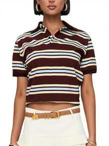 Women Summer Basic T-Shirt Casual Striped Print Lapel Short Sleeve Tops For Streetwear Aesthetic Grunge Clothes - 咖啡色 - 查看 1