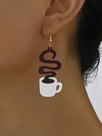 1 对复古优雅咖啡杯设计吊坠耳环，简约创意百搭礼物，适合咖啡爱好者，长款吊坠款式，适合女性