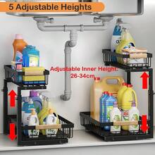 Rangement sous Évier Cuisine Lot de 2, Acier Inoxydable Rangement et Organisation de Cuisine avec 2 Tiroir Coulissant, Hauteur réglable Meuble Étagère de Rangement Placard Organisateur - 2 - Voir 3