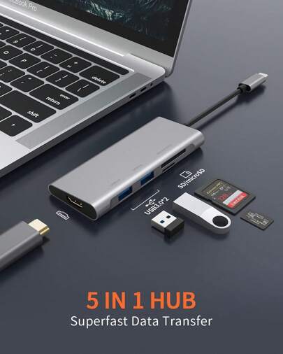 5-In-1 USB C Hub Adapter With HDM-1, SD, Micro SD, 2 USB 3.0 Ports For Mac-Book, IPad,Laptop And More Type C Devices