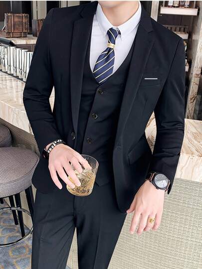 SuitGent Valentine's Day 3 Pieces Men Solid Color Suits 1 Buttons Wedding Suits For Men Groom Tuxedos Business Formal Suit Jackets Black Beige Navy Blue Wine Red Blazers+Pants+Vest