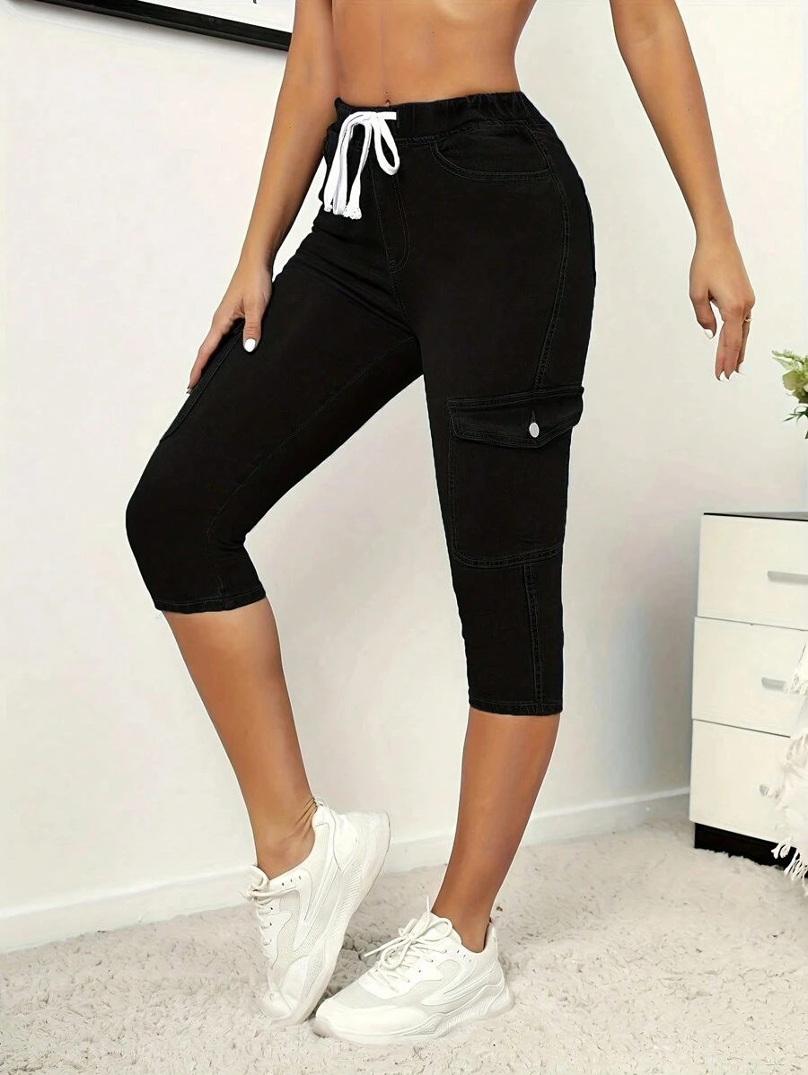 Women's High Waisted Elastic Jeans, Women's Cropped Pants, Elastic Tight Denim Cropped Pants With Drawstring - 黑色 - 查看 1