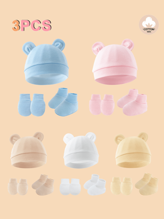 3 piezas de gorro, guantes y cubiertas para los pies de bebé, suaves y cálidos, adecuados para uso diario de recién nacidos niños y niñas.