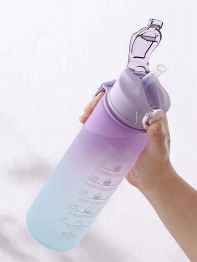 1 pieza Botella de agua de PC con gradiente púrpura de gran capacidad de 280ml/750ml/2000ml, con pegatina, taza deportiva y de fitness portátil con pajita, para uso doméstico y viajes al aire libre