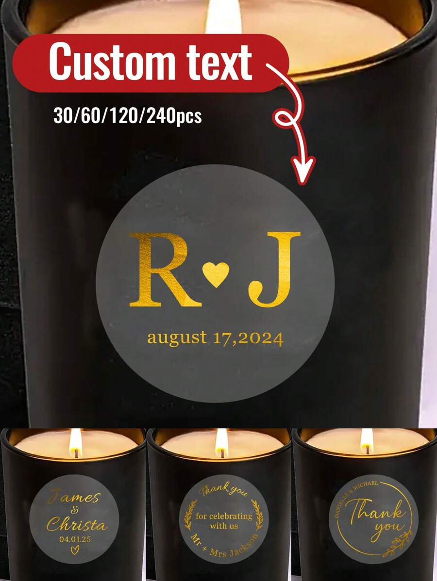 30/60/120/240 Stück personalisierte runde transparente Heißprägesticker mit Wunschtext, individuelle Hochzeitsetiketten, Geburtstagssticker, Sticker für Wasserflaschen, angepasste Party-Favoritenetiketten, anpassbare selbstklebende Hochzeitsfeiersticker, Party-Beutel-Etiketten, 4x4cm, 4 Designs