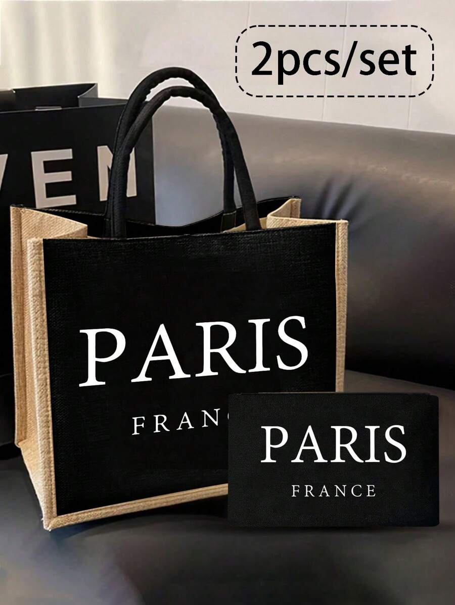 两件套亚麻手提袋，包含一个“巴黎”印花手提袋和一个图案收纳袋，个性化礼品包装。黑色亚麻手提袋配有黑色搭扣和拉链，可用作化妆包、指甲油收纳包或沙滩包。大小包组合，适合婚礼、生日、海滩度假等场合，是送给女性、母亲、教师、朋友、伴娘、学生和返校季的完美礼物，也是理想的教师节礼物。 - 黑色 - 查看 1