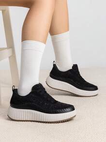 Women Platform Casual Sneakers Thick-Sole Woven Style Fashion Comfortable Wedge Sneakers Autumn Winter Outdoor Sport Shoes - màu đen - Xem 4