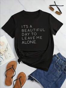 Women's Printed 100% Pure Cotton T-Shirt, 220g Pure Cotton, Casual Crew Neck, Ideal For Traveling, Road Trips, Or Casual Days. - Black - View 1