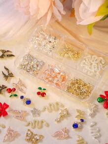 6-Grid Jewelry Light Luxury Alloy Nail Decorations, Containing Various Diamond-Studded Alloy Jewelry, Butterflies, Bells, Cherries, Stars, And Moons Sparkling For Nail Art Design Family DIY