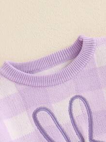Toddler Bunny Pattern Sweaters Checkered Easter Long Sleeve Round Neck Ribbed Knit Jumper Tops - Purple - View 4