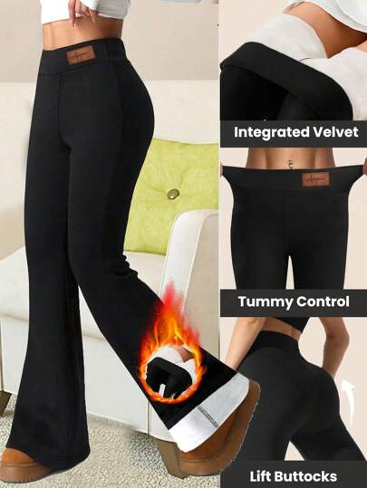 1pc Women's Winter Thermal Lined Thick Warm Flared Yoga Pants, High Waist, Tummy Control, Suitable For Outdoor Cycling, Fitness, Leisure & Yoga Workout,Fleece