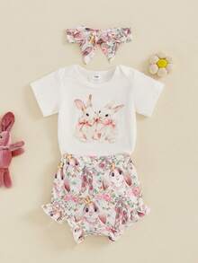Conjunto de 3 piezas de ropa de Pascua para niñas pequeñas, mono de manga corta con estampado de conejito y pantalones cortos elásticos con diadema. - Blanco - Ver 9