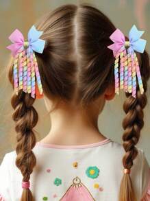 2个彩色鳄鱼夹发夹，适合女孩，渐变彩虹色发夹，多尾设计，缎面鳄鱼夹，少女发饰，女孩礼物 - 彩色 - 查看 5