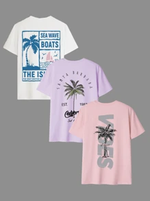 3 件套，女士休闲度假圆领短袖 T 恤，带棕榈树和口号印花女式上衣，夏季