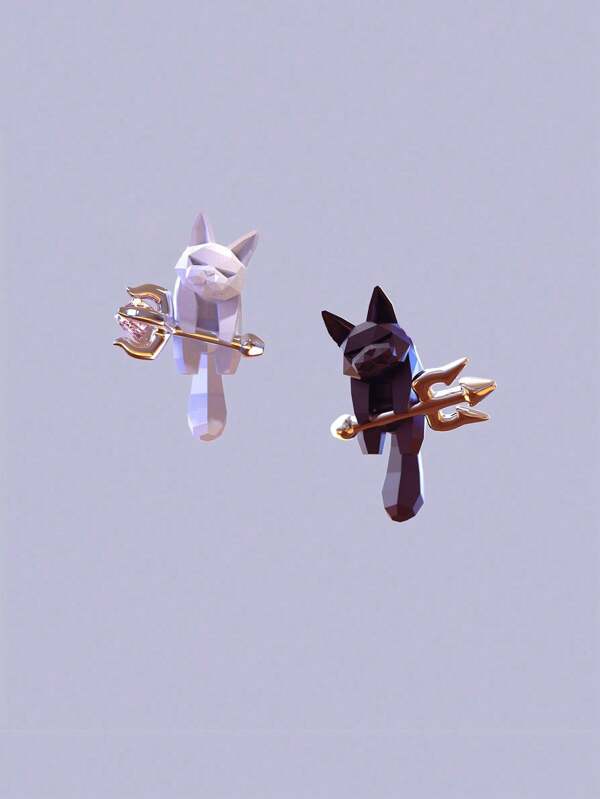 1 Pair Asymmetric Black & White Kitty Design Earrings, Stylish & Edgy For Party, Holiday, Daily Wear