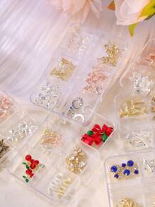 6-Grid Jewelry Light Luxury Alloy Nail Decorations, Containing Various Diamond-Studded Alloy Jewelry, Butterflies, Bells, Cherries, Stars, And Moons Sparkling For Nail Art Design Family DIY