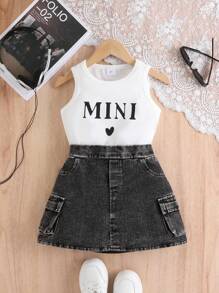 2件套女童夏季休闲字母印花白色背心和裙子套装，适合通勤、日常穿着、度假、上学等场合。 - 白色 - 查看 3