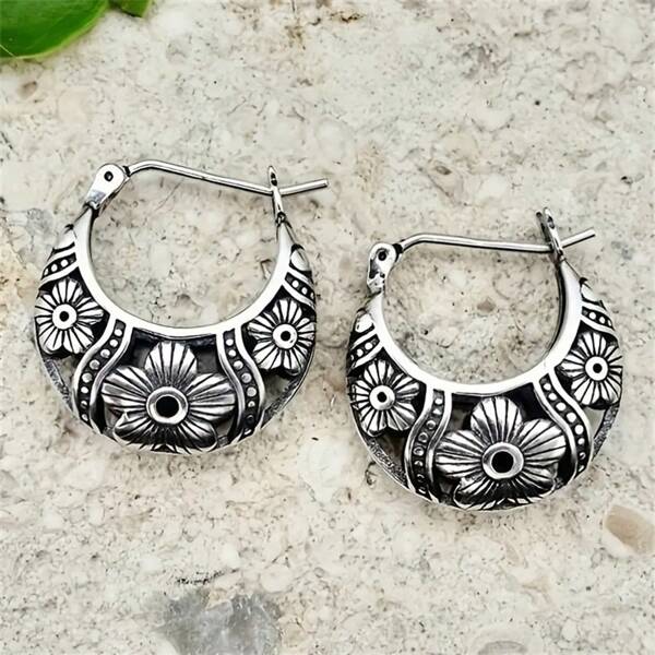 1 paire Boucles d'oreilles Créoles Vintage Style Bohème Fleuri Creuses pour Femmes, Accessoires Mode pour Mariage Fête, Cadeau