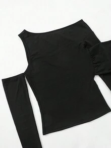 Damska modna seksowna jednokolorowa koszulka z długim rękawem i odkrytymi ramionami, dwuwarstwowa, z odkrytymi ramionami, na wiosnę/jesień