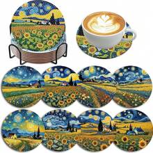 8pcs/Set DIY Diamond Painting Coasters, Sunflower Pattern Drink Coasters With Holder, Non-Slip, Handmade Gift, Mosaic Craft