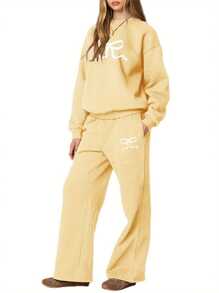 2 Piece Tracksuit For Women Fall Sweatsuits Bow Print Long Sleeve Crew Neck Sweatshirt Wide Leg Sweatpants