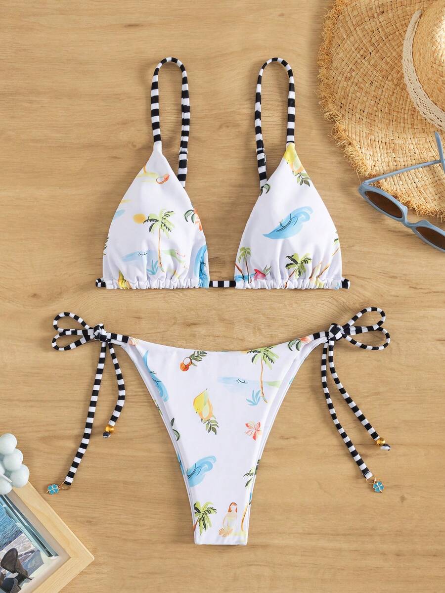 New European And American Style Women Palm Tree Print Bikini Set Swimwear, For Summer Beach Vacation - White - View 1