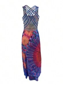 Women Summer Casual Long Dress Tie-Dye Print U-Neck Sleeveless Dress Fashion Cross Backless Dress - Màu xanh hải quân - Xem 5
