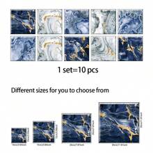 10片装蓝金大理石纹仿瓷砖墙贴，现代PVC自粘可移除平面墙纸，适用于家居、厨房、房间、墙面、地面装饰 - 彩色 - 查看 3