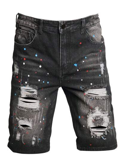 European & American Style Men's Black Splatter Color Dot Slim Straight Leg Mid-Length Denim Shorts