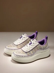 Women Platform Casual Sneakers Thick-Sole Woven Style Fashion Comfortable Wedge Sneakers Autumn Winter Outdoor Sport Shoes - Trắng Tím - Xem 2